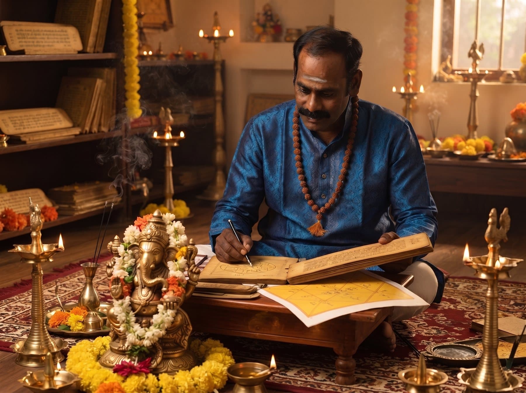 Dr. N. Thangabharathi writing a horoscope by lamplight