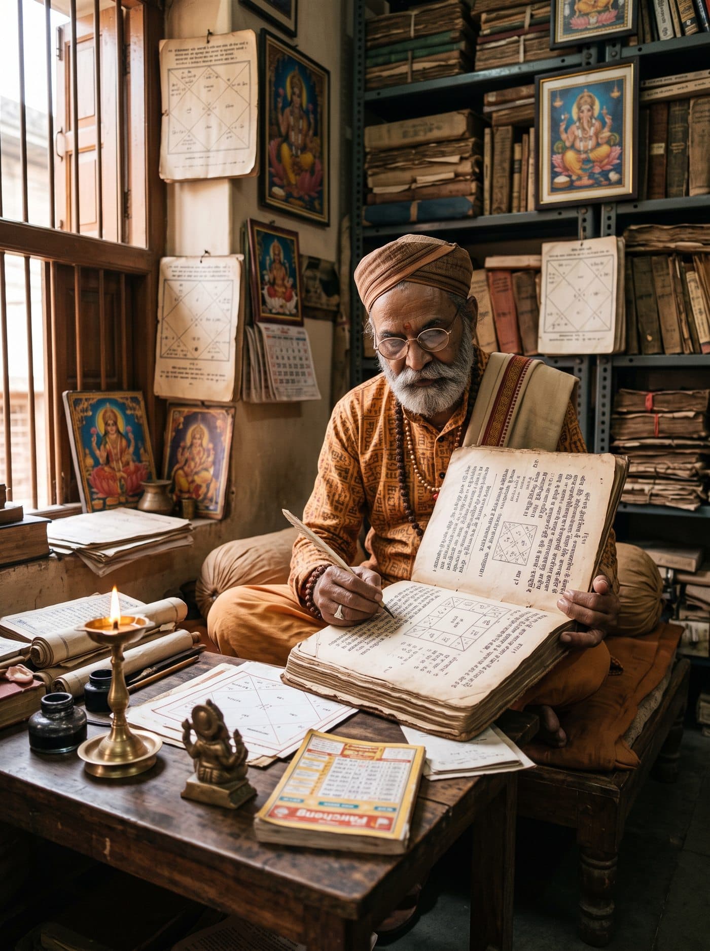 A learned astrologer studying an ancient palm-leaf almanac surrounded by charts and sacred texts