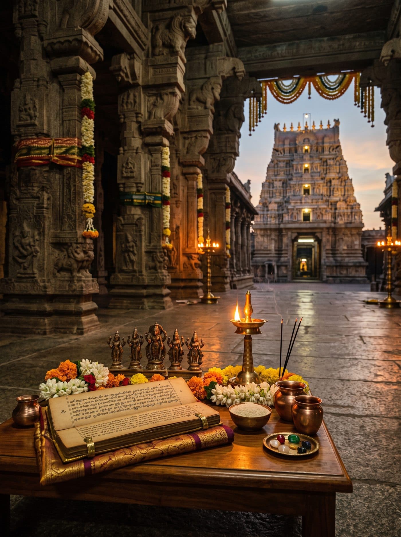 South Indian temple interior with deities, lamps and sacred manuscripts