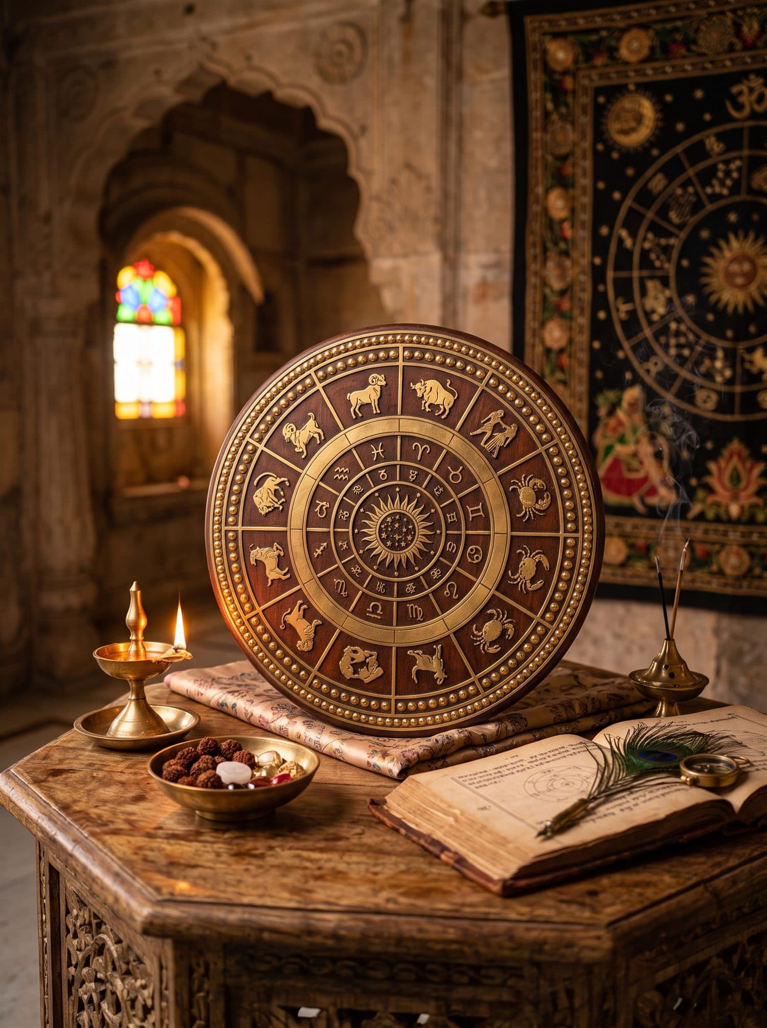 A hand-crafted zodiac wheel disc beside a sacred manuscript and brass lamp